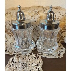 Salt & Pepper Shakers with Crown Point Lid Heavy Pressed Glass Chrome Lid New